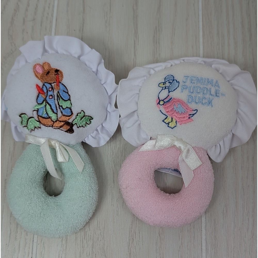 Eden Beatrix Potter Rattle Pink Green Peter Rabbit Jemima Puddle-Duck Terrycloth